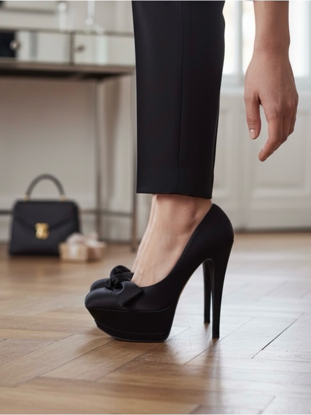 Casadei Black Satin Platform Bow Pumps
